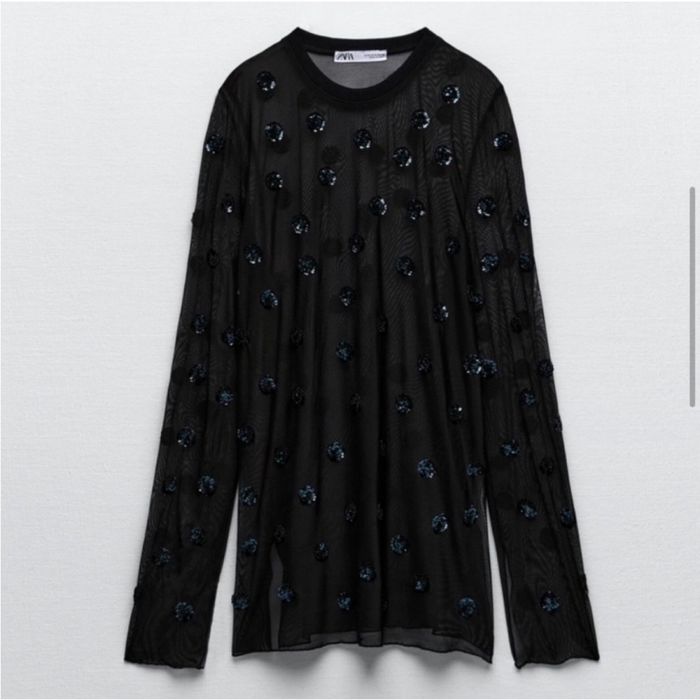 Zara Limited Edition Sheer Shimmer long sleeve Black  sequin Tunic Top Sz L